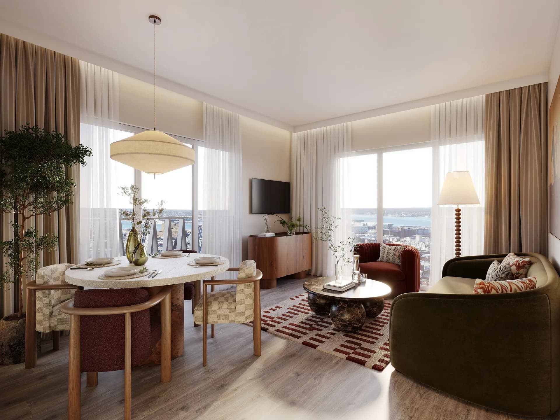 Computer generated image of an open-plan living space at The Forge at dusk