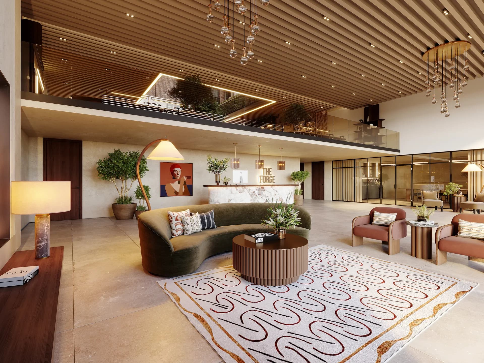 Computer generated image of the reception and residents lobby at The Forge
