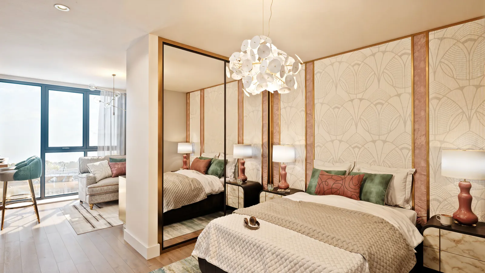 Developer CGI of a Cathedral One studio sleeping area beside the window